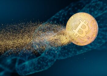 moneda de bitcoin viajando en red con cadena digital en el fondo