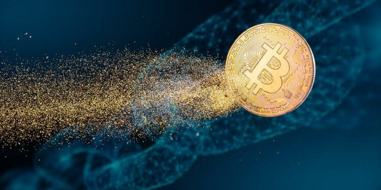 moneda de bitcoin viajando en red con cadena digital en el fondo