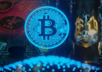 moneda digital de bitcoin con caida de FTX y hackeo del desarrollador Luke Dashjr y cadenas de bloques de bitcoin en el fondo