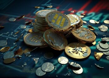 monedas rotas de BUSD apiladas sobre superficie con indicadores del mercado de criptomonedas