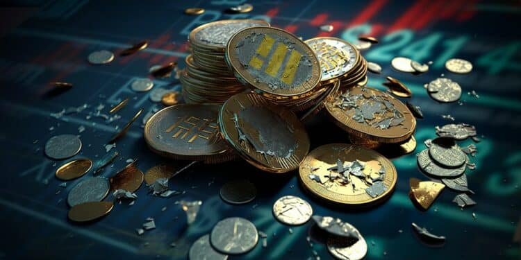 monedas rotas de BUSD apiladas sobre superficie con indicadores del mercado de criptomonedas