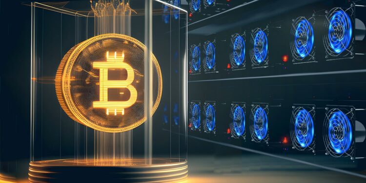 moneda de bitcoin en caja de cristal con mineros asic en el fondo