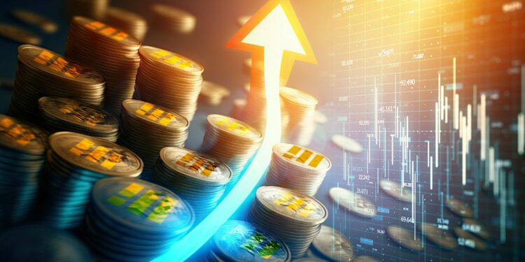 flecha señalando aumento entre monedas de BUSD apiladas junto a gráfico de precio de exchange