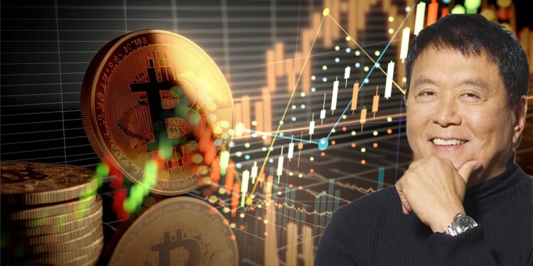 Robert kiyosaki sonriendo con moneda de bitcoin apollada en pantallas con gráficos de precio en mercado y grafico alcista superpuesto