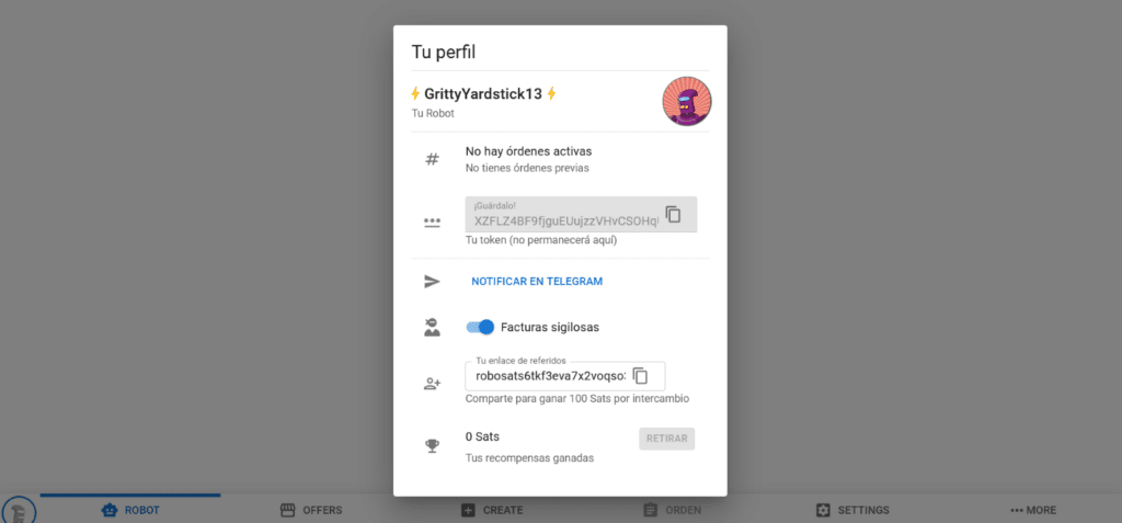 Perfil creado en el exchange RoboSats.