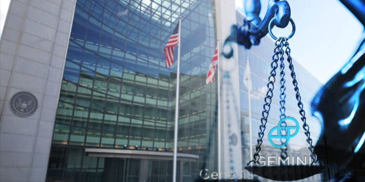 balanza de la justicia con logos de Gemini exchange y Genesis sen frente de edificio de las oficinas de la comisión de bolsa y valores de los Estados Unidos