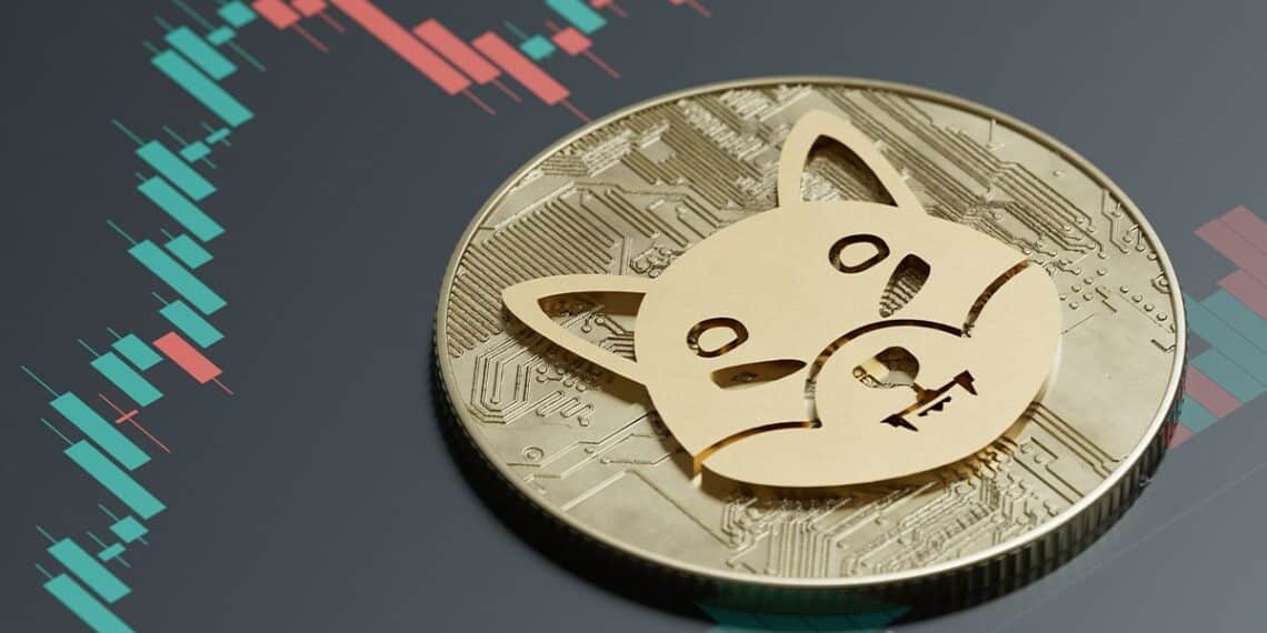 Moneda de Shiba inu sobre superficie con gráfico de precio en alza