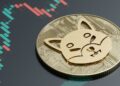 Moneda de Shiba inu sobre superficie con gráfico de precio en alza