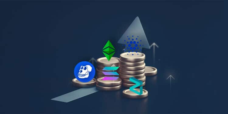 criptomonedas apecoin cardano solana ziquili ethereum classic con flechas en alza