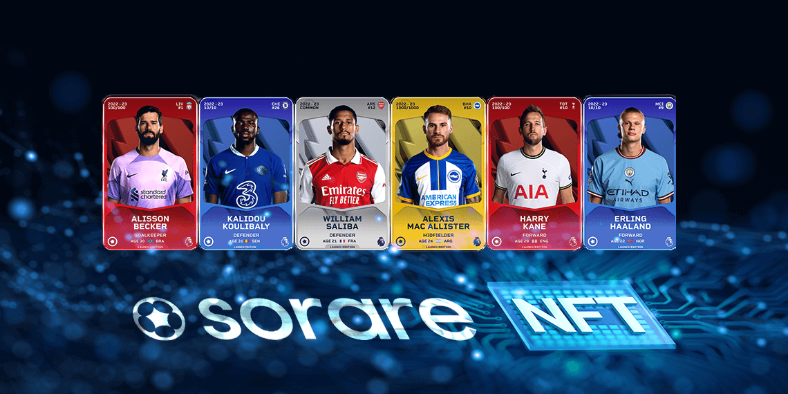 tarjetas de los jugadores de la Premier League, logo de sorare y nft.