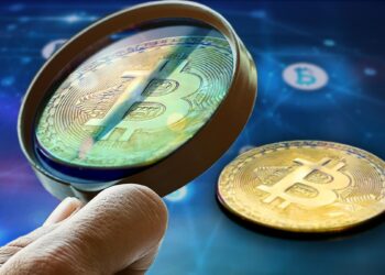 mano sosteniendo lupa enfocada sobre moneda de bitcoin con red digital conectando nodos de bitcoin