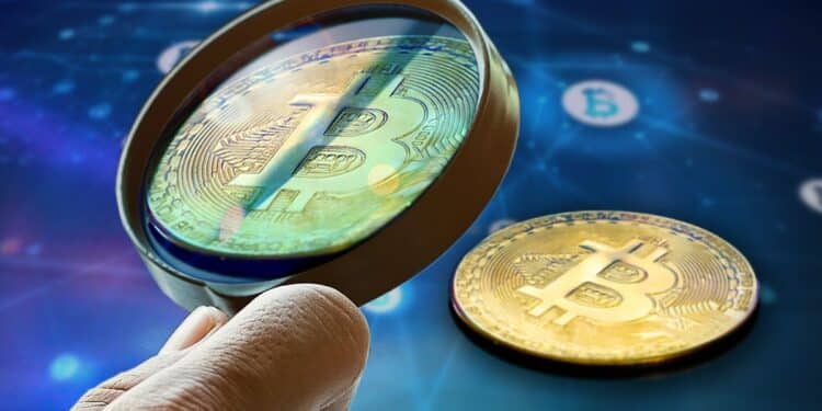 mano sosteniendo lupa enfocada sobre moneda de bitcoin con red digital conectando nodos de bitcoin