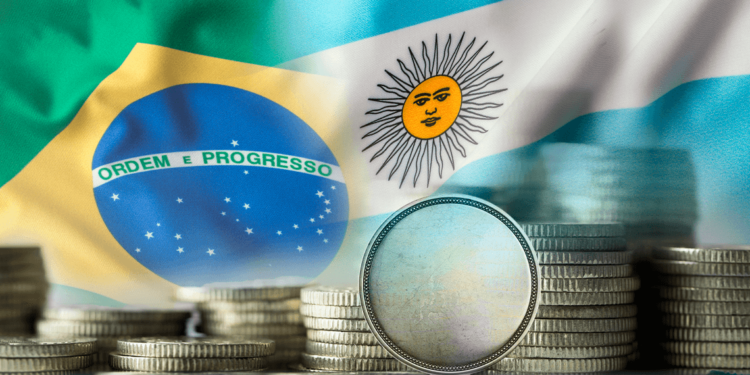 Moneda "sur" y banderas de Brasil y Argentina.