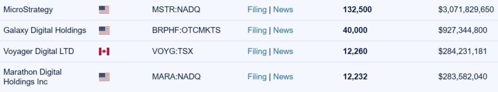 las cuatro compañias que cotizan en la bolsa de valores y poseen mayor cantidad de bitcoin son: MicroStrategy con 132.500 BTC; Galaxy Digital Holdings con 40.000 BTC; Voyager Digital LTD con 12.260 BTC y Marathon Digital Holdings Inc con 12.232 BTC