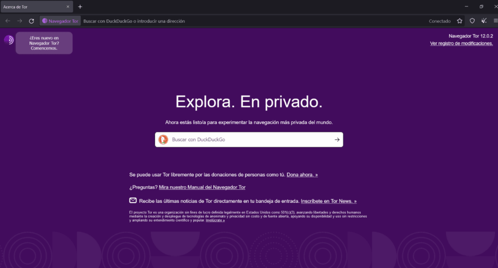 Página principal del navegador Tor.