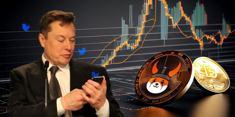 Elon Musk revisando telefonod movil con logos de twitter alrededro con moneda de Floki sobre superficie con graficos de mercado