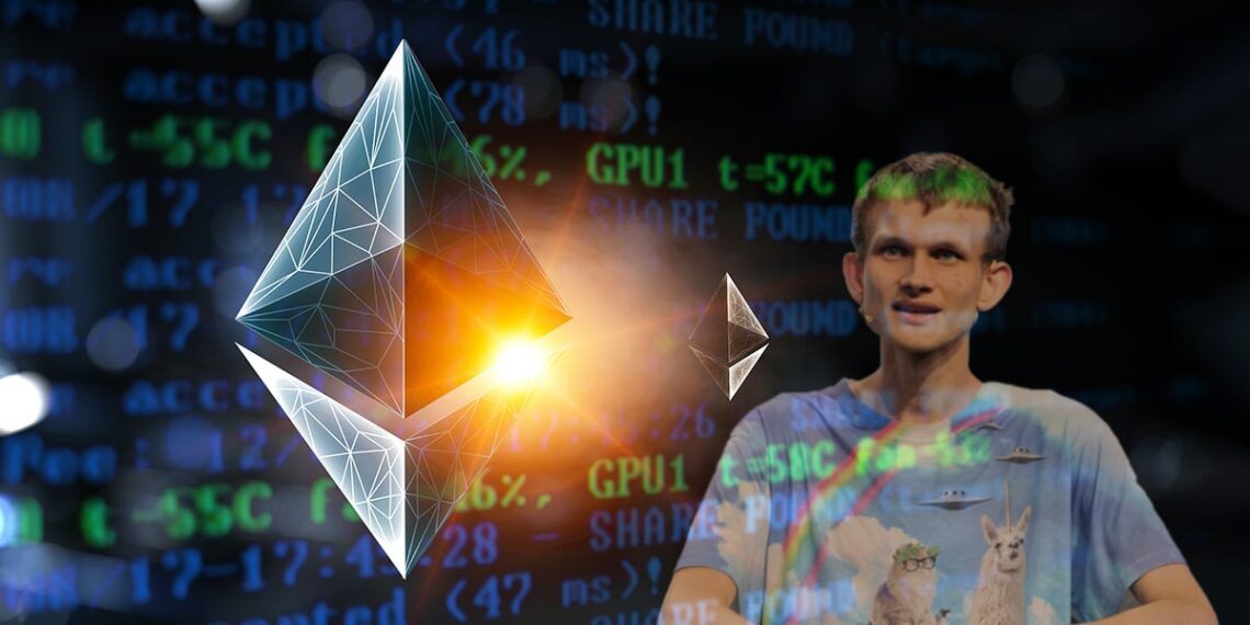 Logo de Ethereum sobre código desvaneciendose en el fondo y Vitalik Buterin