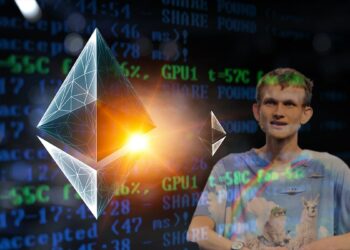 Logo de Ethereum sobre código desvaneciendose en el fondo y Vitalik Buterin