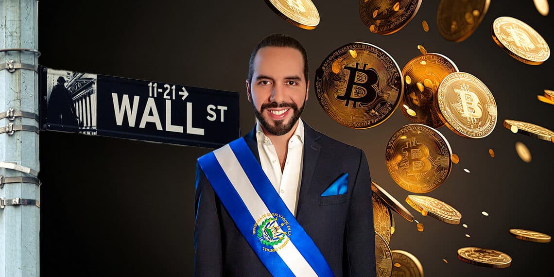 Nayib Bukele con BTC flotantes y poste con nomeclatura de Wall St