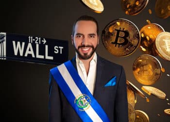 Nayib Bukele con BTC flotantes y poste con nomeclatura de Wall St