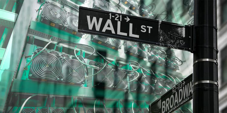 letrero de señalización a Wall Street con mineros ASIC de criptomonedas en el fondo