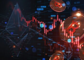 monedas de bitcoin cayendo con grafico de precio bajista superpuesto y red de ethereum en el fondo