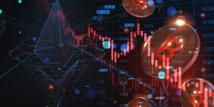 monedas de bitcoin cayendo con grafico de precio bajista superpuesto y red de ethereum en el fondo