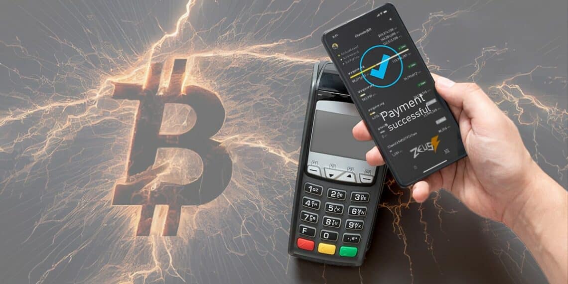 persona sostendiendo teléfono sobre punto de venta realizando pago con bitcoin desde aplicación móvil de Zeus app con logo de bitcoin conformado por relámpagos en el fondo