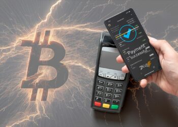 persona sostendiendo teléfono sobre punto de venta realizando pago con bitcoin desde aplicación móvil de Zeus app con logo de bitcoin conformado por relámpagos en el fondo