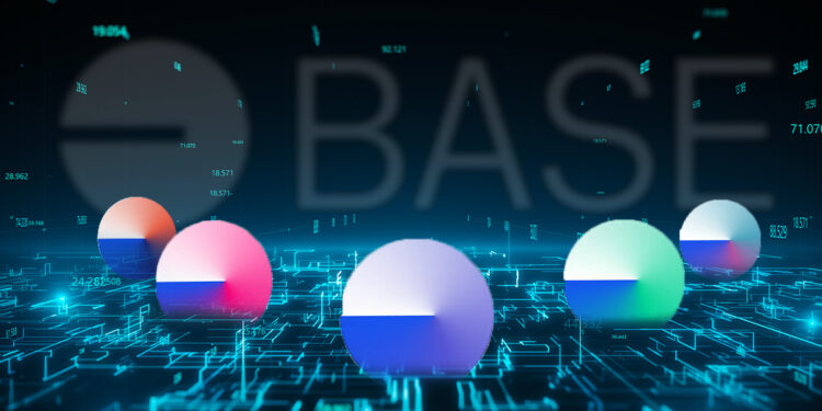esferas de protocolos insertados en red digital con logo de Base en el fondo