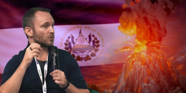 Paolo Ardoino, CTO de Bitfinex, con bandera de El Salvador y volcan e erupción en el fondo