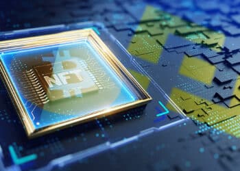 Cuadro de NFT de bitcoin sobre placa digital con logo de Binance