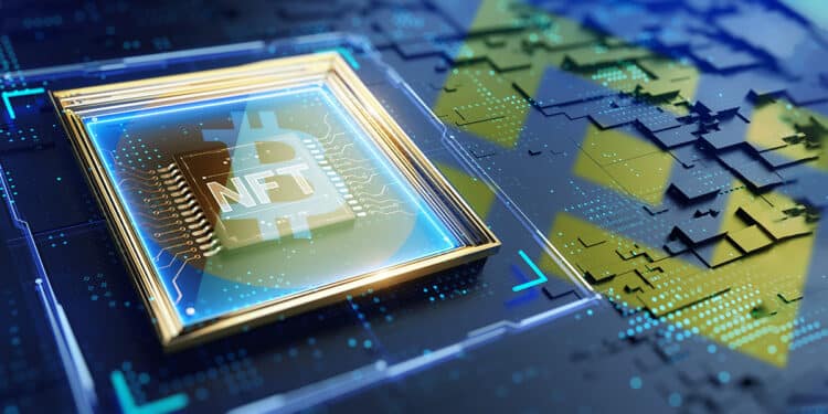 Cuadro de NFT de bitcoin sobre placa digital con logo de Binance