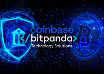 Logo de Coinbase y Bitpanda con bitcoin y un banco de fondo.