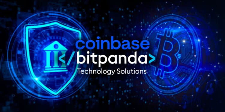 Logo de Coinbase y Bitpanda con bitcoin y un banco de fondo.