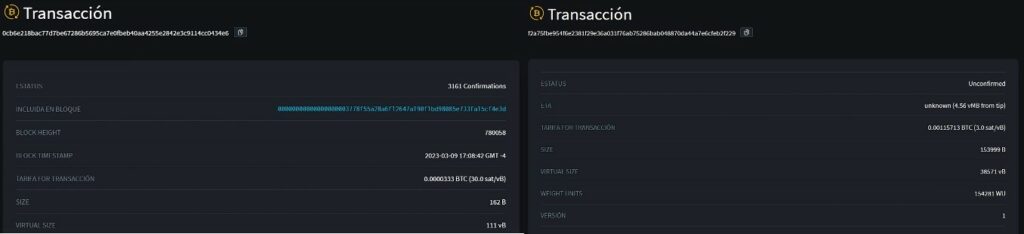 A la izquierda están los datos de la transacción génesis de una inscripción de tokens BRC-20 y a la derecha los de la inscripción de un NFT.