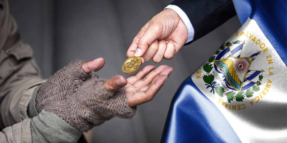 Bandera de El salvador junto a persona dándole un bitcoin a un pobre.