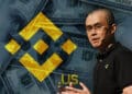 Changpeng Zhao junto a logo de Binance US con billetes de dolares congelados en el fondo