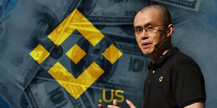 Changpeng Zhao junto a logo de Binance US con billetes de dolares congelados en el fondo