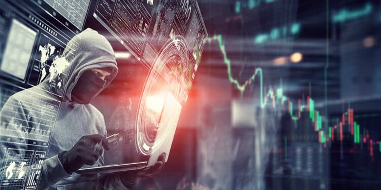 hacker entrando a red junto exchange de bitcoin y criptomonedas