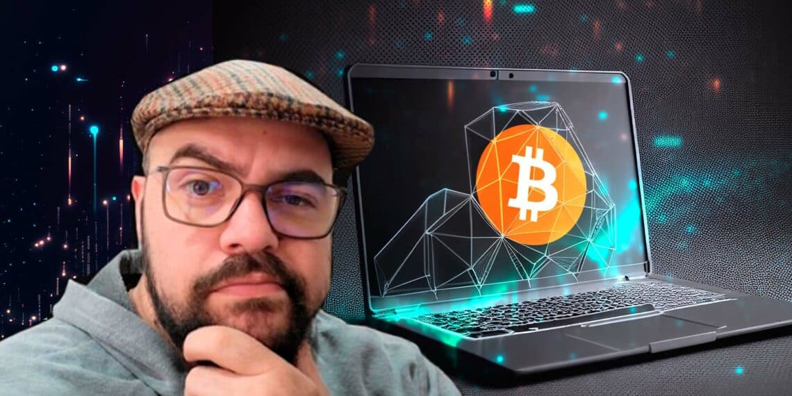 David Battaglia y una computadora con bitcoin.