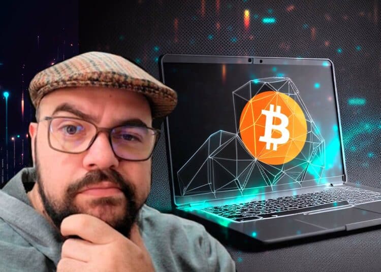 David Battaglia junto con una computadora que muestra un logo de bitcoin.