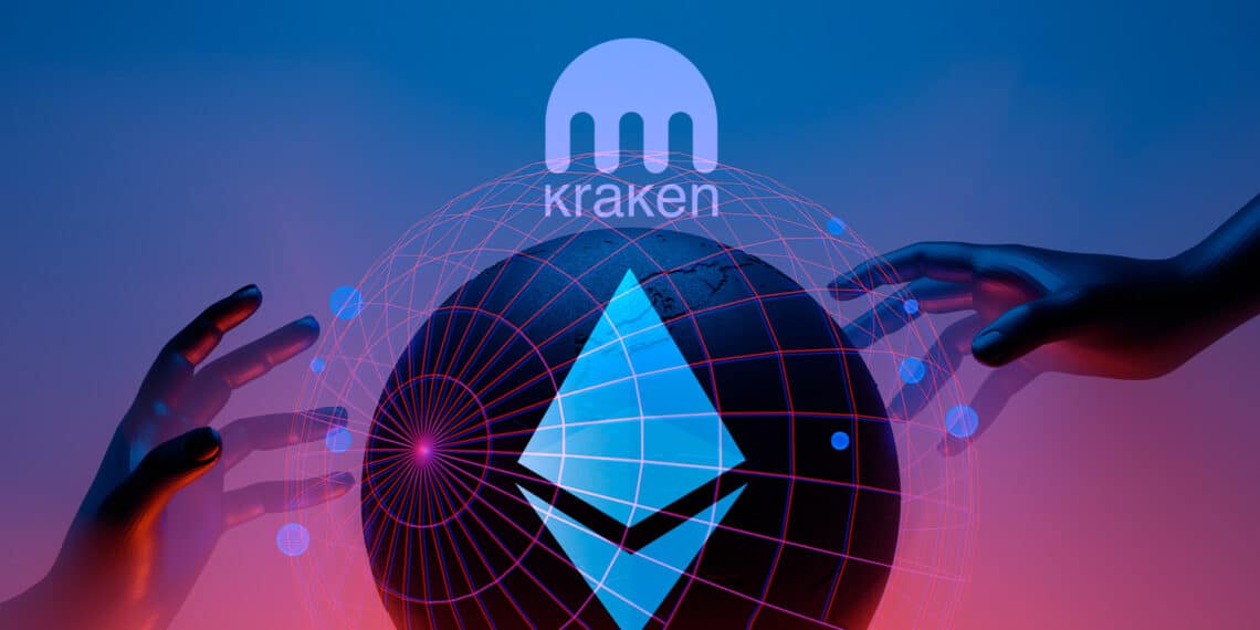 Logo de exchange Kraken y staking de ethereum.