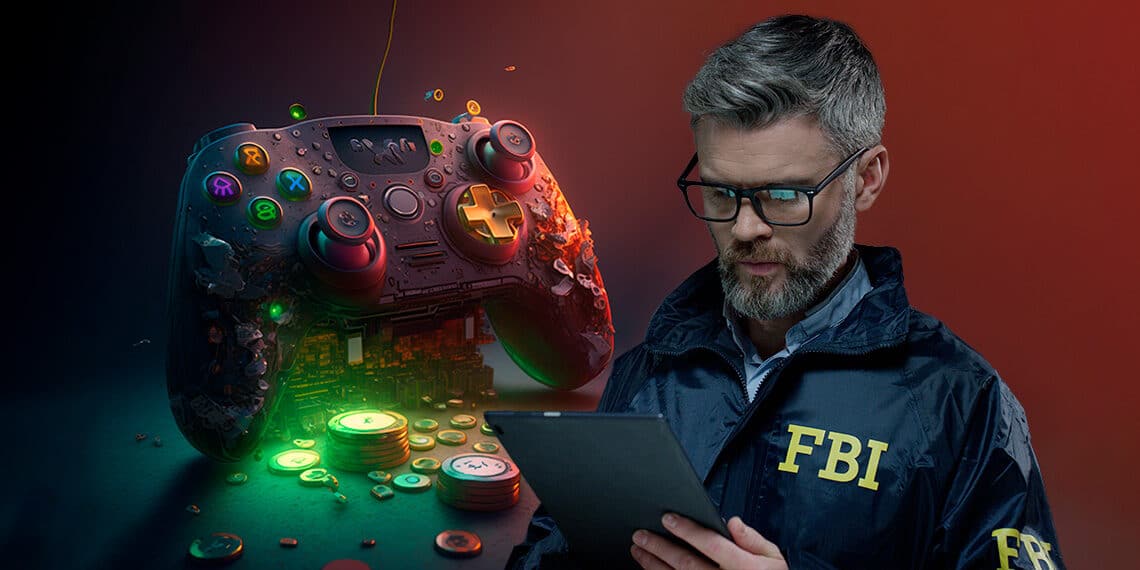 FBI junto a joystick para juego play to earn.