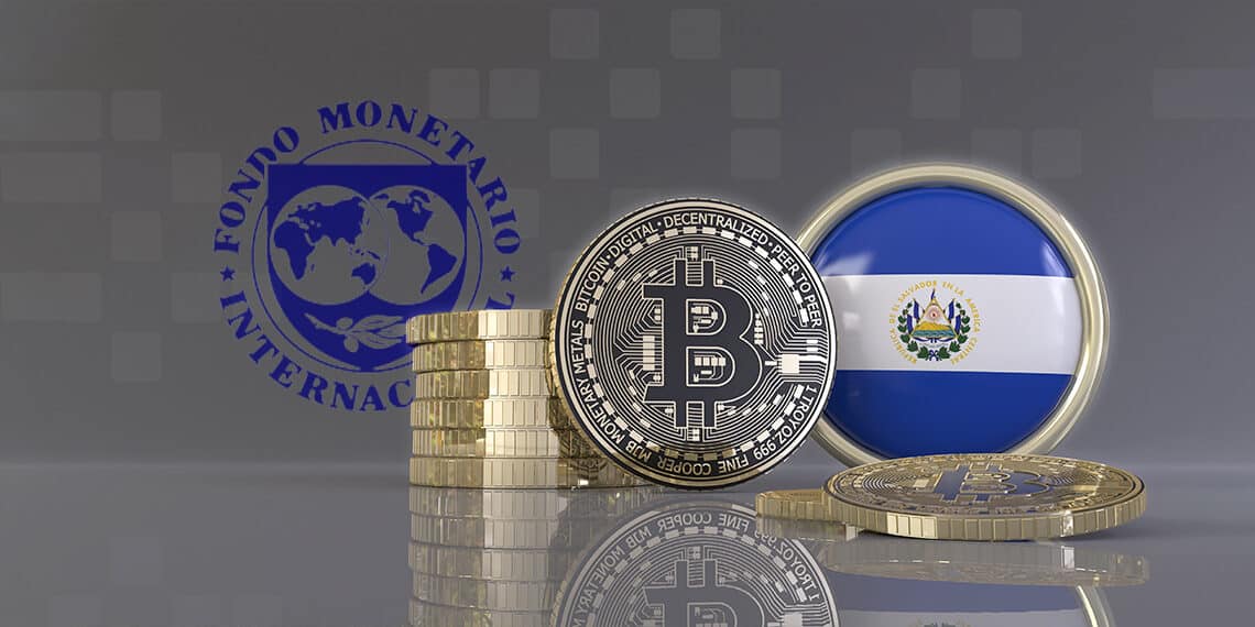 FMI critica los bonos bitcoin de El Salvador y reconoce el crecimiento de su economía.  Composición por CriptoNoticias.Fuente: MMollaretti / adobe.stock.com ; FMI.