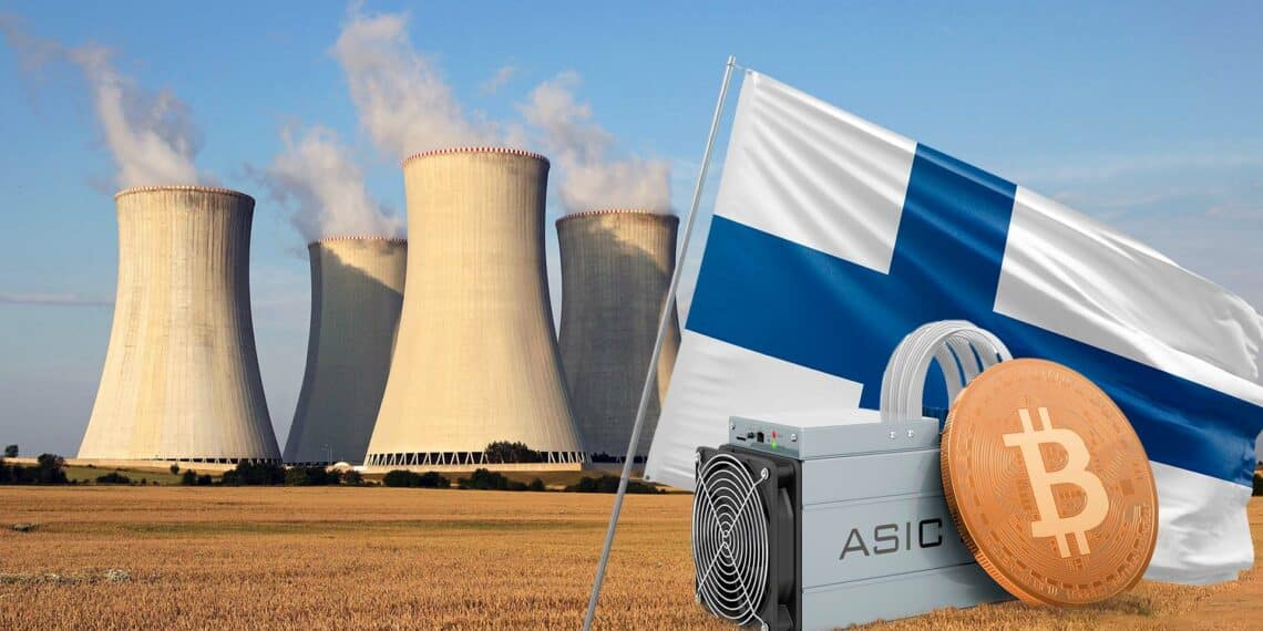 Reactor nuclear junto a bandera de Finlandia y minero de bitcoin.