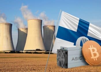 Reactor nuclear junto a bandera de Finlandia y minero de bitcoin.