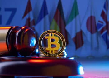 moneda de bitcoin junto a martillo de juez con banderas del G7 en el fondo