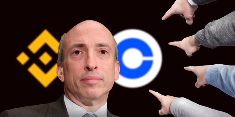 Criticas a Gary Gensler y logo de coinbase y binance.