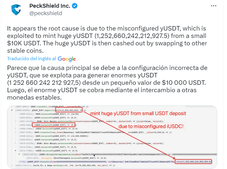 análisis de PeckShield con respecto al hackeo a Yiern Finance.